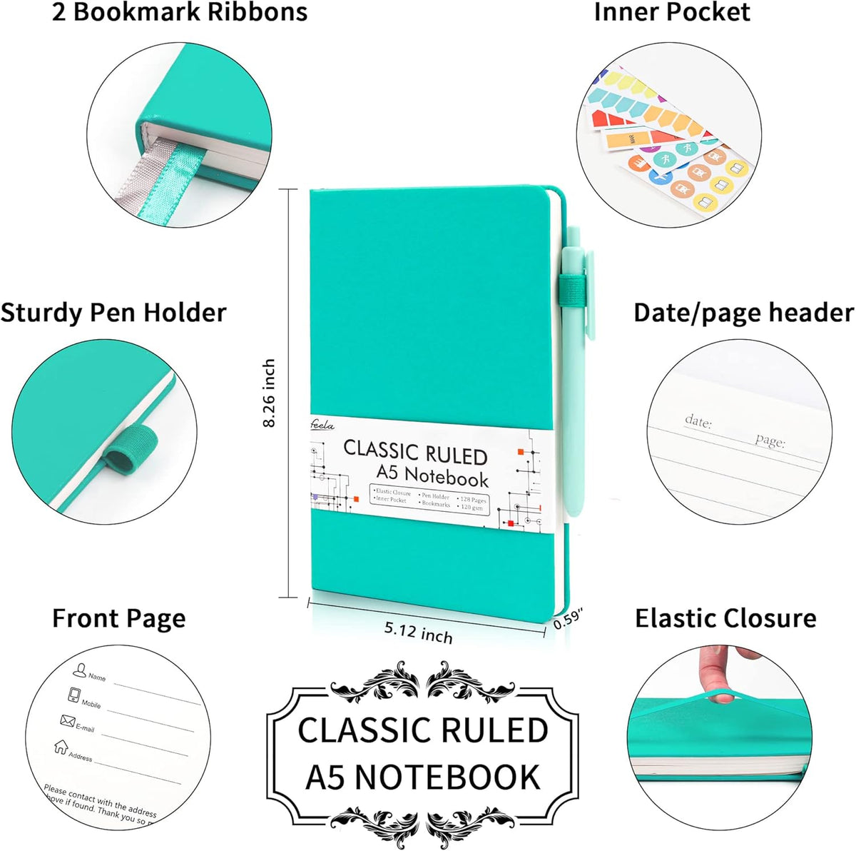 feela 24 Pack Journal Notebook Bulk for Work, Business Notebook Hardcover Lined Writing Journal with Pen Holder for Men Women Note Taking, with 24 Black Pens, 120 GSM, 5.1”x8.3”, A5, Aqua