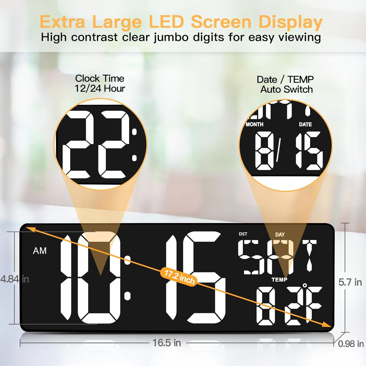 XREXS Large Digital Wall Clock with Remote Control, 17.2 Inch LED Large Display Count Up & Down Timer, Adjustable Brightness Plug-in Alarm Clock with Day/Date/Temperature for Living Room, Office, Gym
