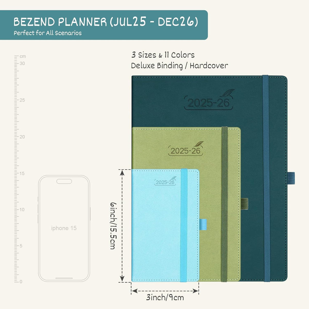 BEZEND Pocket Planner 2025-2026 Weekly and Monthly, 3.5" x 6" Academic Planner (Jul 25-Dec 26) 18-Month Mid-Year Calendar Book, Storage Pocket, Pen Holder, PU Leather Hardcover - Kiwi