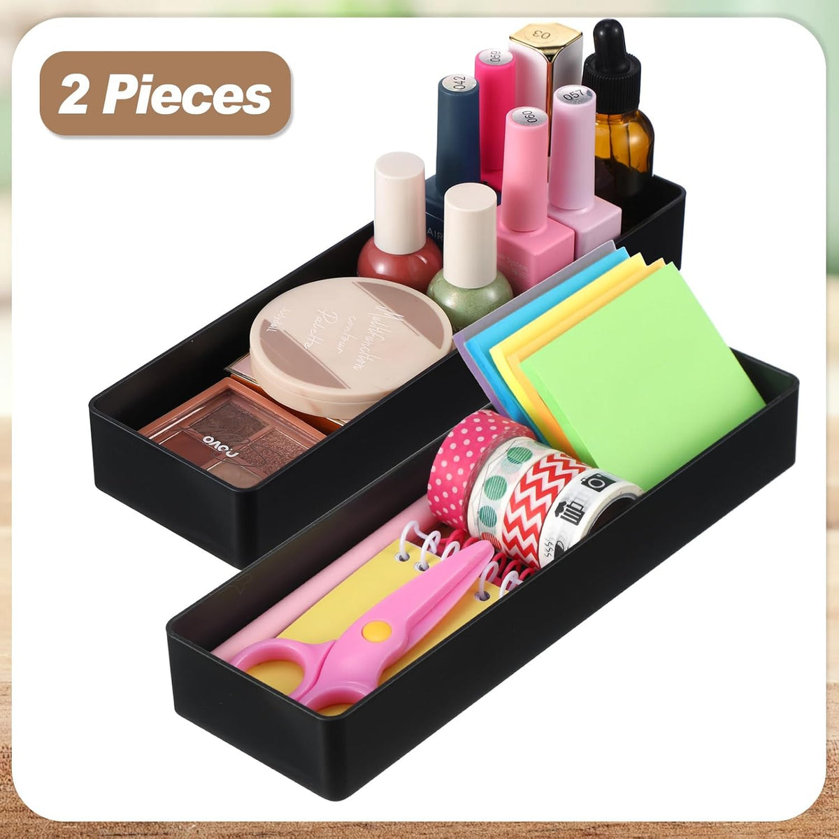 Teling 2 Pcs 4 Piece Large Black Rectangular Desk Organizer Set, Half Accessory Tray, Plastic Tabletop Organizer for Office, Home, or Study, Dimensions: 9.45 x 2.95 x 1.38 Inches