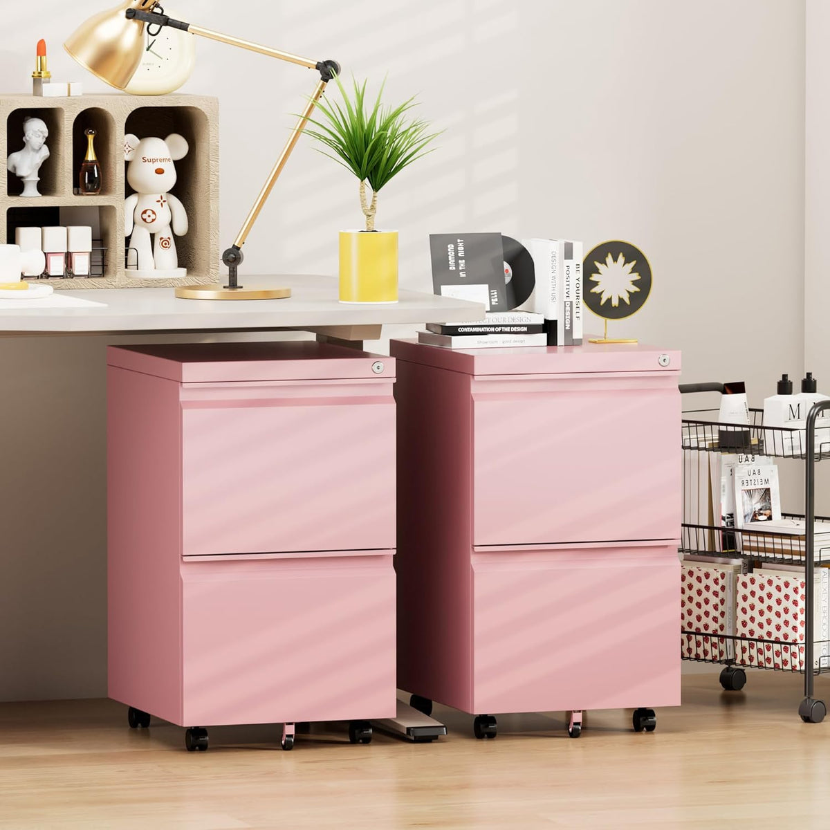 Aobabo Metal 2 Drawer Office File Cabinet with Lock, Under Desk Office Steel Files Cabinet on Wheels, 25.6''H Legal/Letter A4 Size, Fully Assembled Except Wheels,Pink