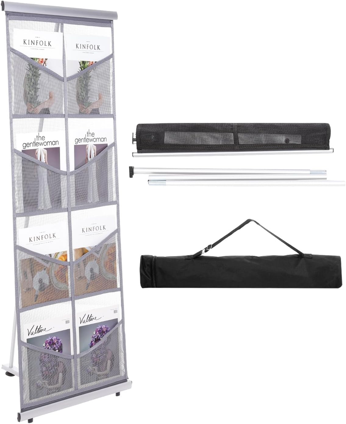 PATIKIL Portable Magazine Display Racks Floor Standing Double A4 8 Mesh Pockets Brochure Stand Catalog Literature Holder for Hotel, Exhibition, Office, Gray