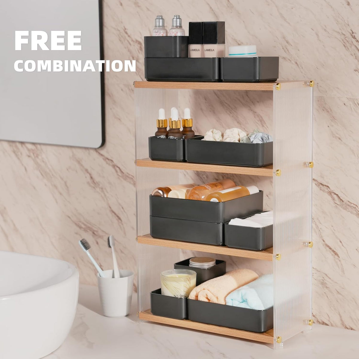11-Piece Stackable Drawer Organizer Set, Multi-size Desk Drawer Organizer Trays Vanity Storage Bins for Storing Makeup, Stationery, Utensils in Bathroom Dresser, Office and Kitchen