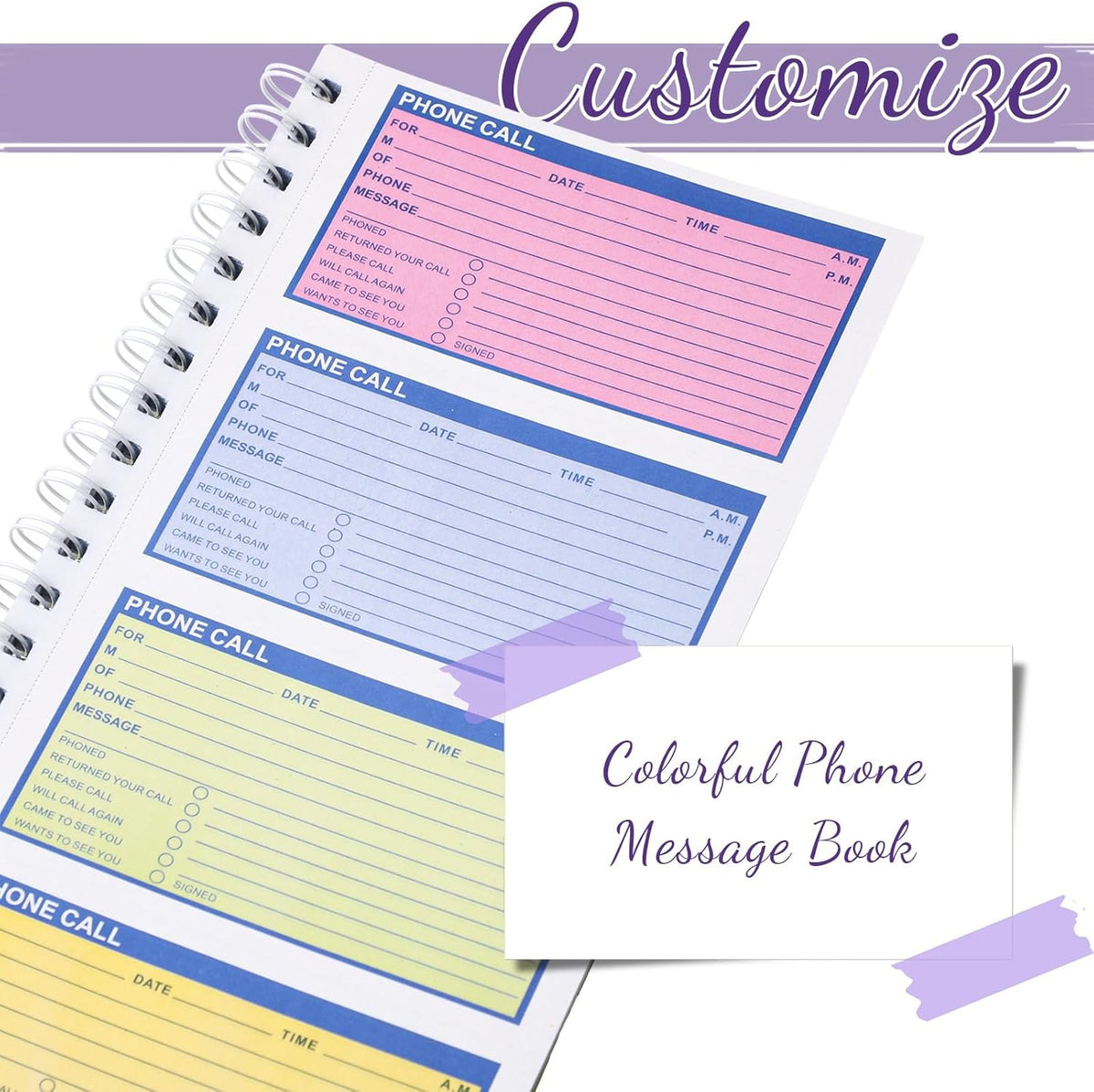 Sinmoe 10 Pcs Spiral Bound Phone Message Book with Carbon Copy 5-1/2" x 11" 2 Part Colorful Carbonless Telephone Message Pads Duplicate Spiral Phone Call Log Book for Business Office (Purple,Blue)