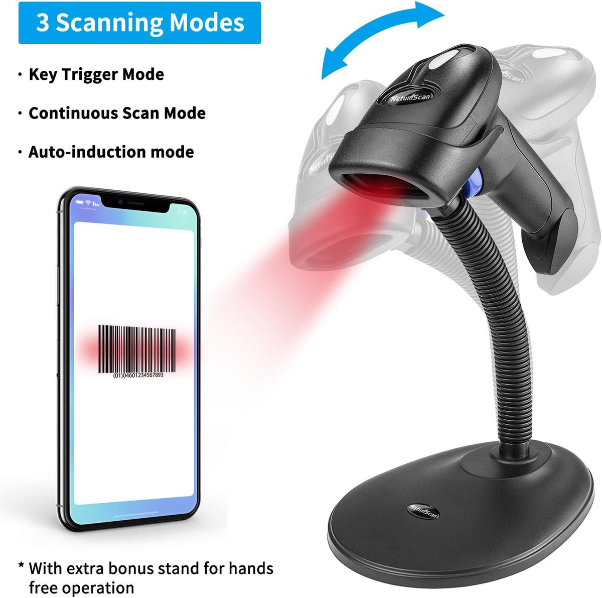 NetumScan Bluetooth CCD Bar Code Scanner with Stand, 3-in-1 Handheld Automatic 1D Barcode Reader Barcode Scanner for Computer, Tablet, iPhone, iPad, Android