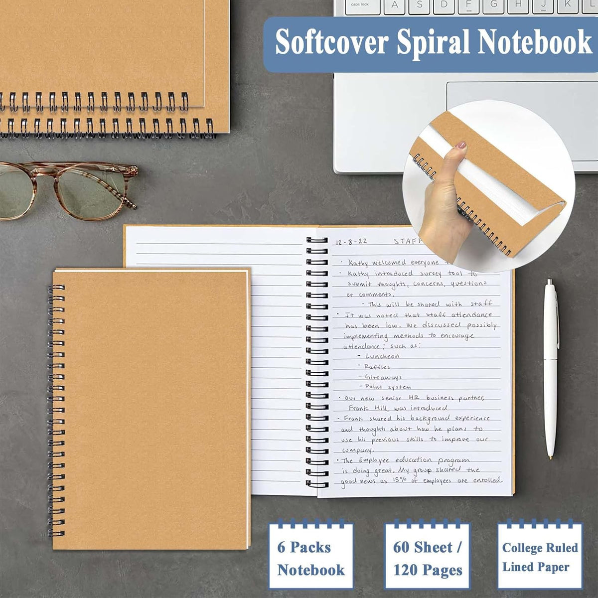 GINMLYDA Small Spiral Notebook A5, 6Pack 120 Lined Pages 8.25x5.5 Inches Brown Spiral Journal Kraft Cover Notebooks & Writing Pads for School Home Office Aesthetic Sketch Drawing Note