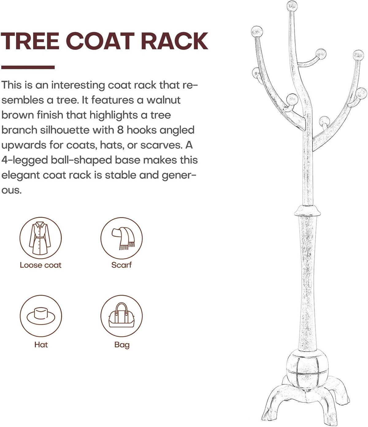 Coat Rack Freestanding Wood Tree Rack with 8 Hooks, Creative Design Tree Branch-look, Coat Tree Clothes Hanger Stand with Stable Sphere Base for Entryway, Hallway, Bedroom (Wine Red)