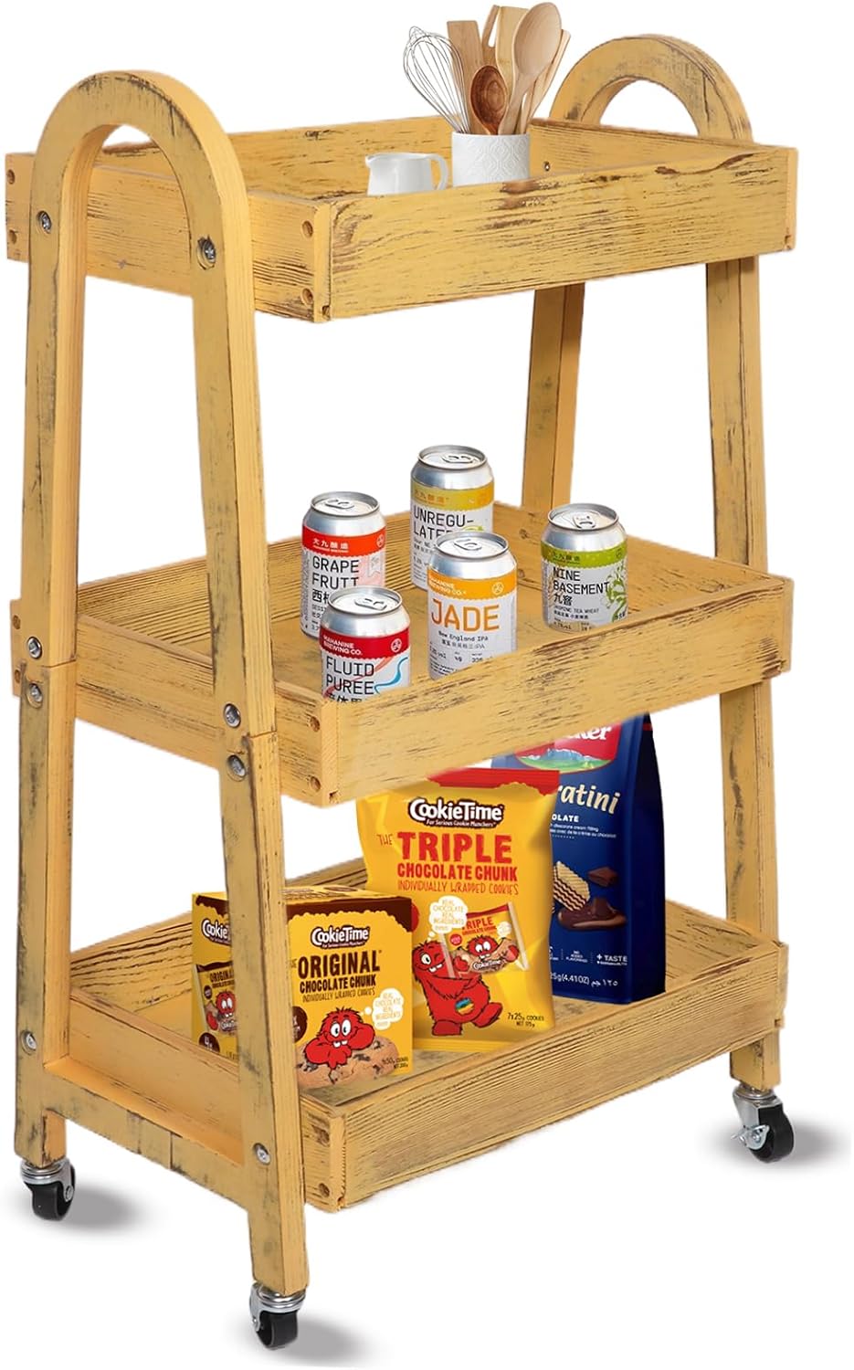3-Tier Rolling Utility Cart with Lockable Wheels Storage Slim Storage Heavy Duty Cart Mobile Shelving Unit Craft Narrow Organizer for Bathroom Laundry Kitchen (Vintage Yellow)