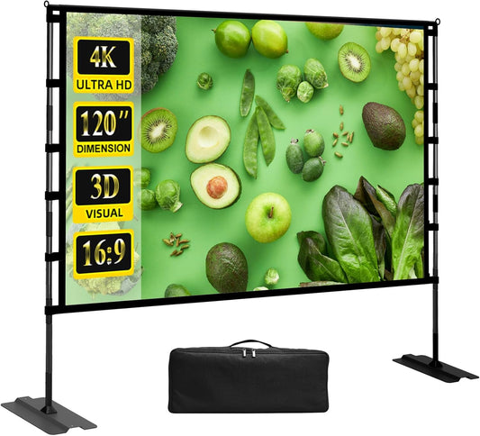 Upgrade Projector Screen Heavy-Duty Stand 120 inch Portable Projection Screen 16:9 4K HD Front Projections Movies Screen with Carry Bag for Indoor Outdoor Home Theater Backyard Cinema Travel