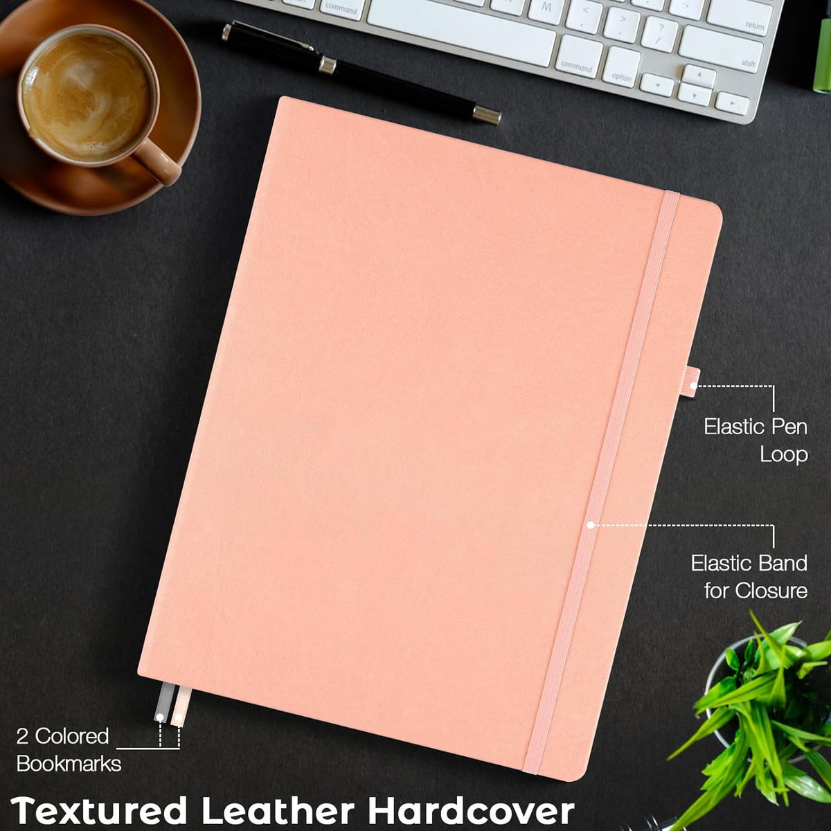 College Ruled Notebook, A4 Hardcover Leather Notebook for Work, Lined Notebook Journal for Women, Men, 192 Thick Paper, 8.5" x 11", Large Notebook with Pockets, Professional Business Notebook, Pink
