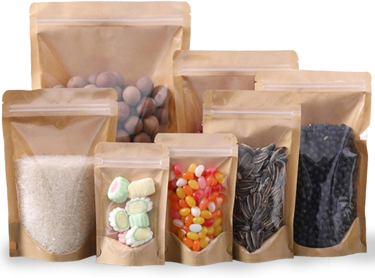 50pcs Kraft Bags With Window Clear Fornt Pouches Resealable Stand Up Zip Lock Food Storage Bags Brown 10"x14"