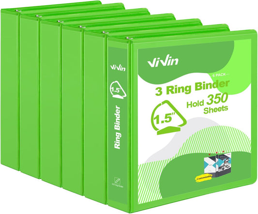 ViVin Sturdy 1.5 Inch 3 Ring Binder with Pockets, Slant-D Ring, PVC-Free, Customizable Clear View Binder,Holds 350 Sheets of 8.5" x 11" Paper, 6 Pack (Ivy Green)