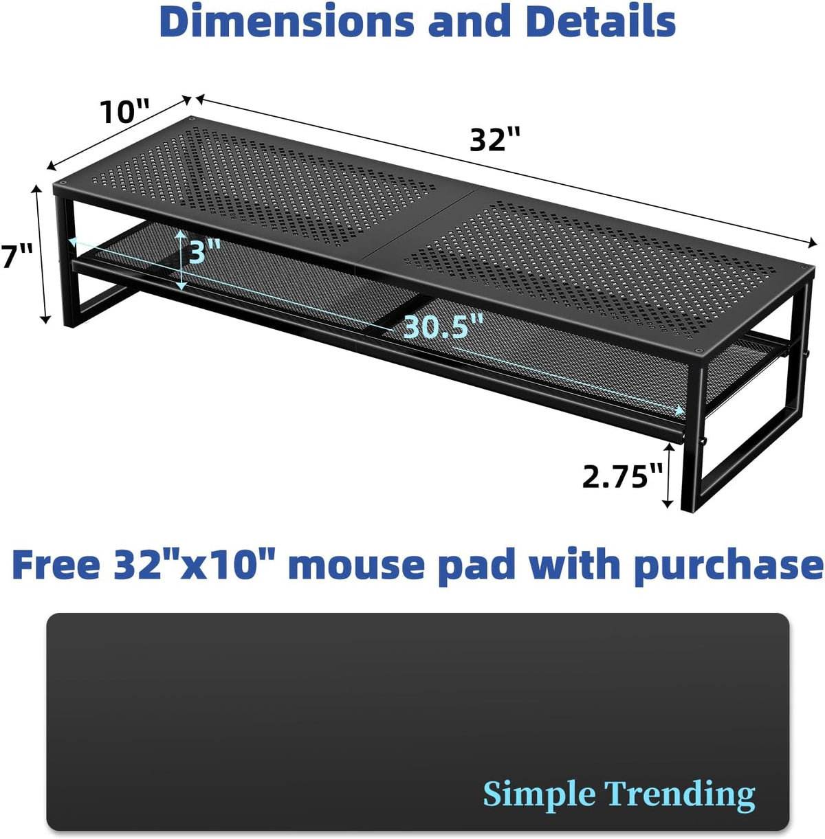 Simple Trending 2 Tier Metal Dual Monitor Stand Riser,Computer Office Desktop Organizer for 2 Monitors With 32"x10" Mouse Pad ,for Laptop,Printer,TV,Black
