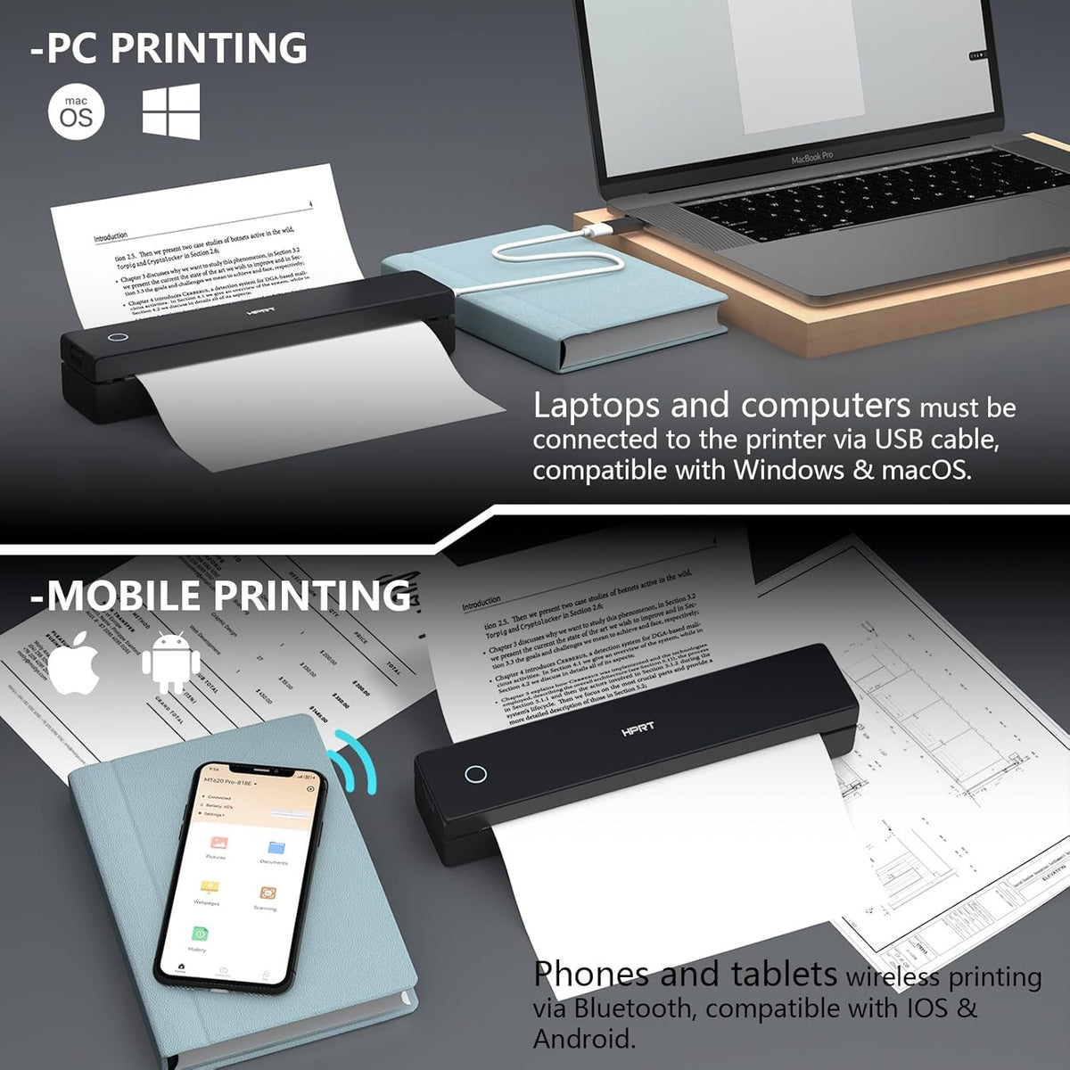 Portable Printer Wireless for Travel, Small Bluetooth Thermal Inkless Printer Support 8.5×11" US Letter Thermal Paper, Mobile Printing for Office, Car, Home, Compatible with iOS, Andorid & Laptop