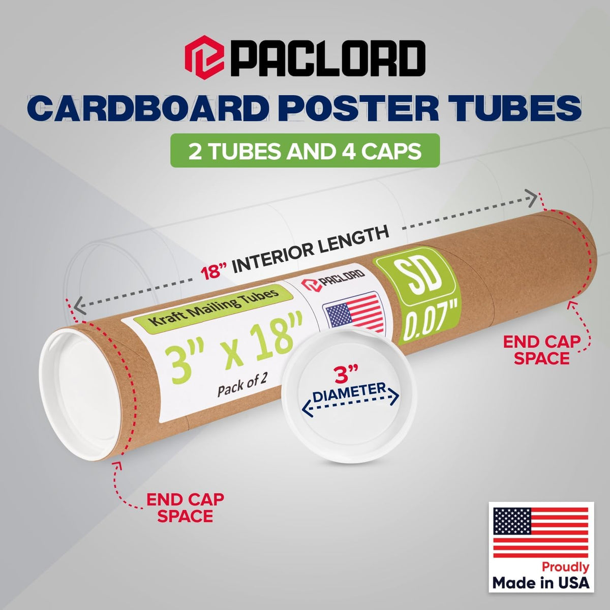 3" x 18" Reinforced Kraft Paper Mailing Tube, Pack of 2 Tubes with 4 Caps – Secure USPS Approved Poster Tube – Cardboard Tube for Shipping and Storing of Posters, Prints, Artwork, or Documents