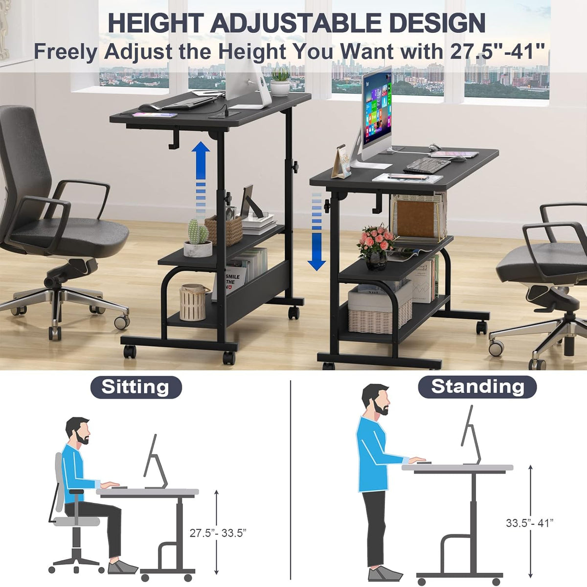 Armocity Height Adjustable Standing Desk with Power Outlets, 32" Manual Stand Up Desk with Storage Shelves Small Mobile Rolling Computer Desk Portable Laptop Table with Wheels for Home Office, Black