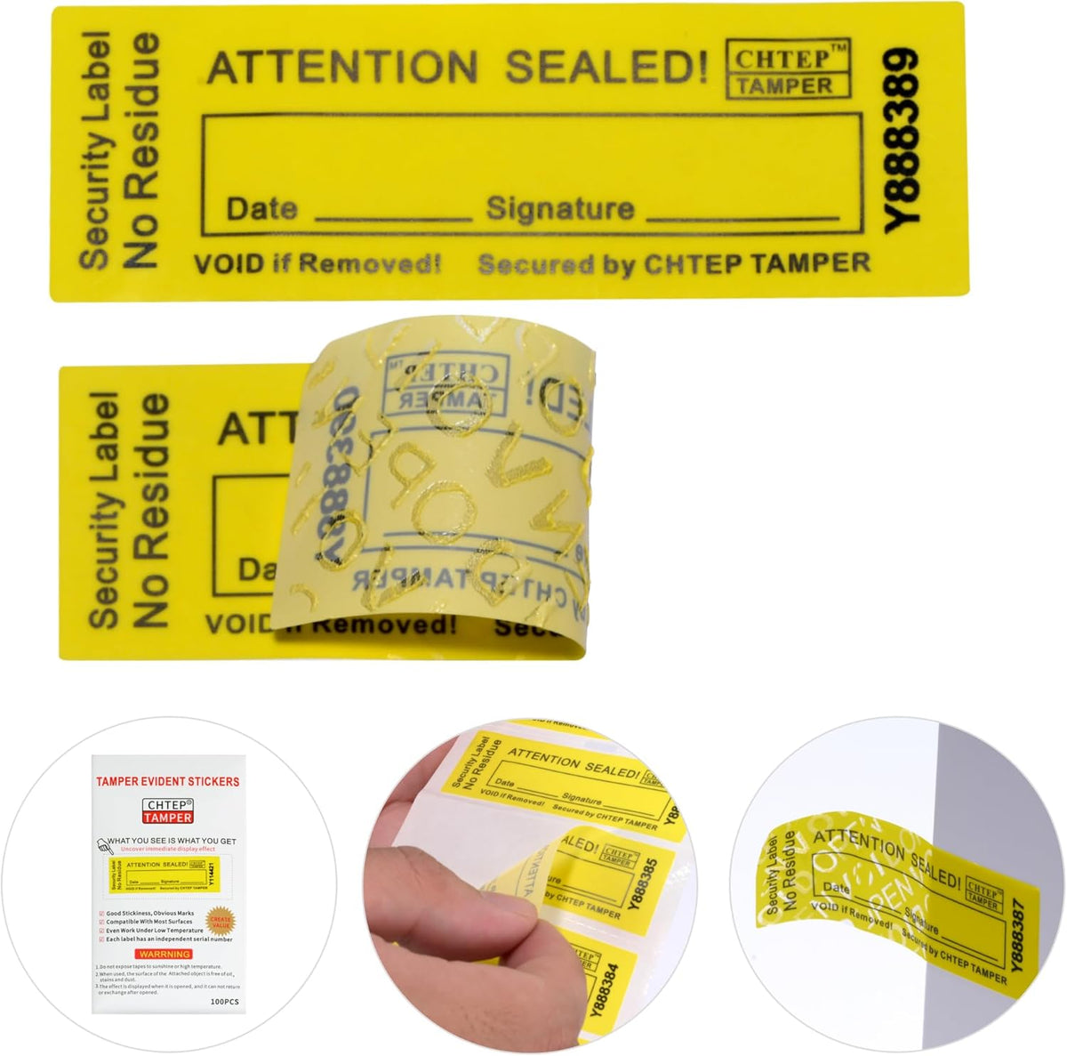 ChtepTamper 100 Pieces No Transfer Tamper-Evident Stickers Security Labels Great for Goods Shipping,Exchange of Agency Files, Privacy Protection or More(Serial Number 0.8 * 2.4inches Yellow)