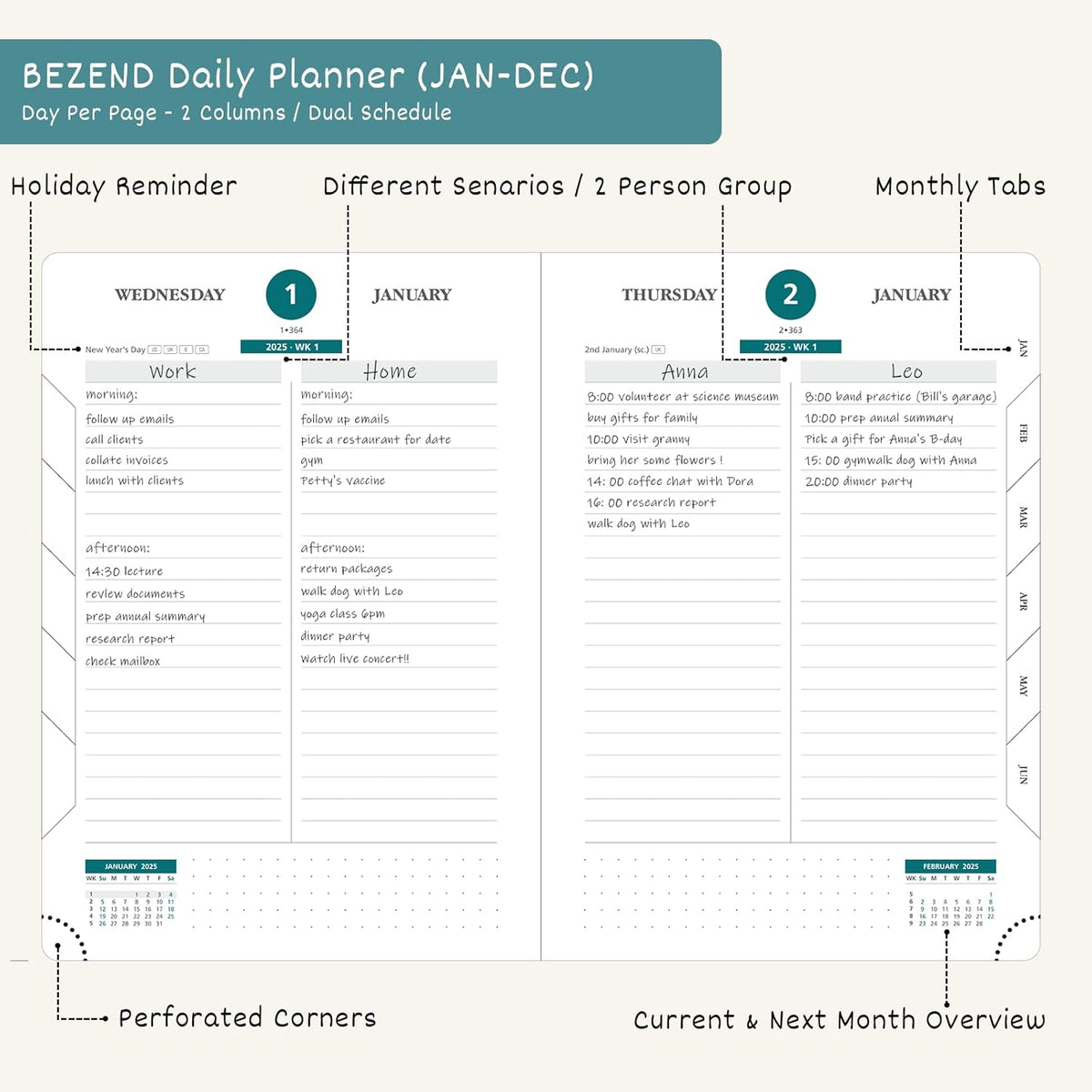 BEZEND Daily Planner 2026 (6" x 8.5") Full Page per Day Even Weekend (Jan-Dec) Monthly Calendar with Tabs, 2 Columns for Dual Schedule with Note, Vegan Leather Hardcover in Evergreen