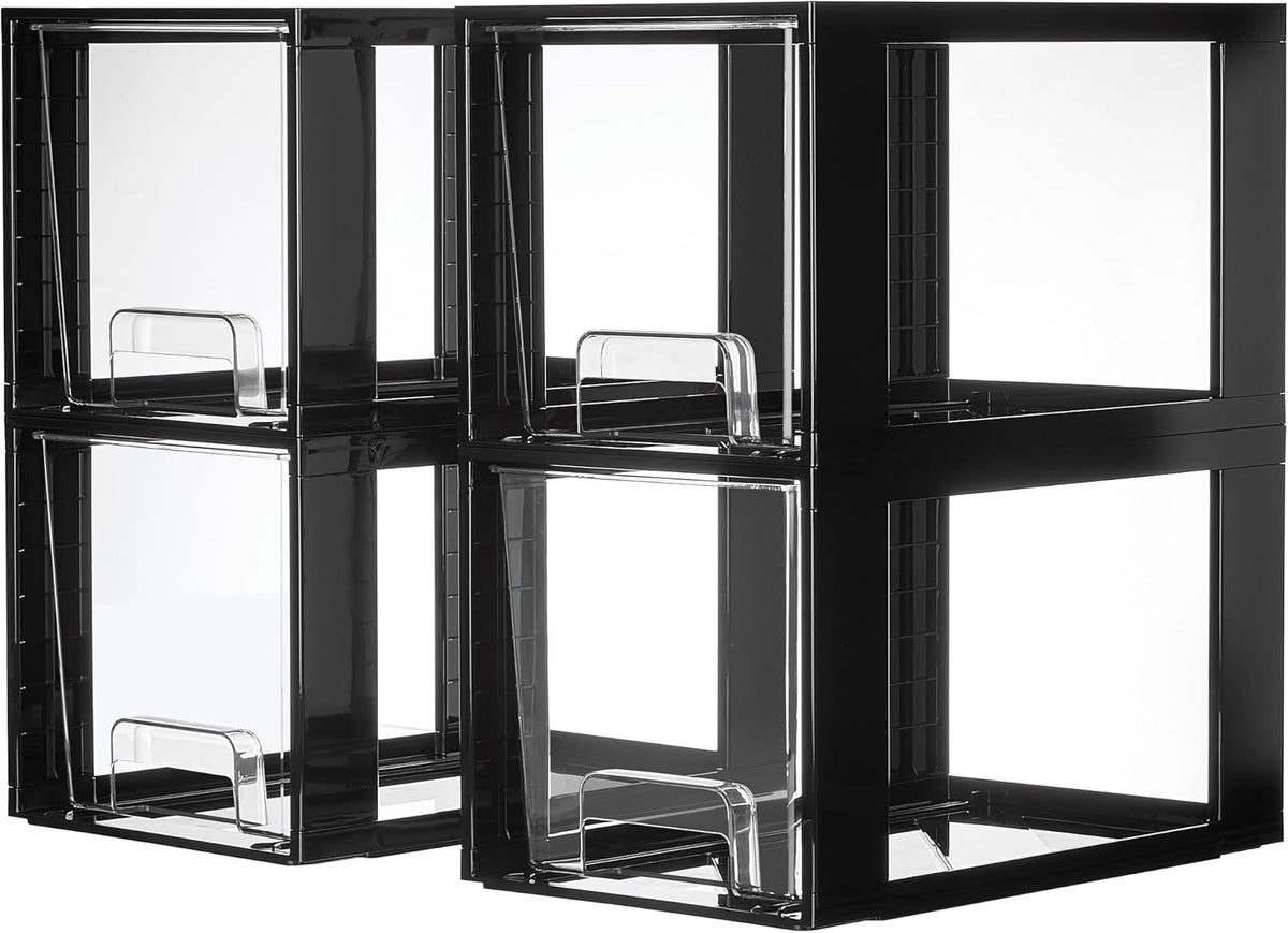 Vtopmart 4 Pack Large Stackable Storage Drawers,Black,Easily Assemble Acrylic Bathroom Closet Undersink Organizers and Storage,Plastic Bins for Kitchen Cabinets,Pantry,Makeup,Medicine Organization