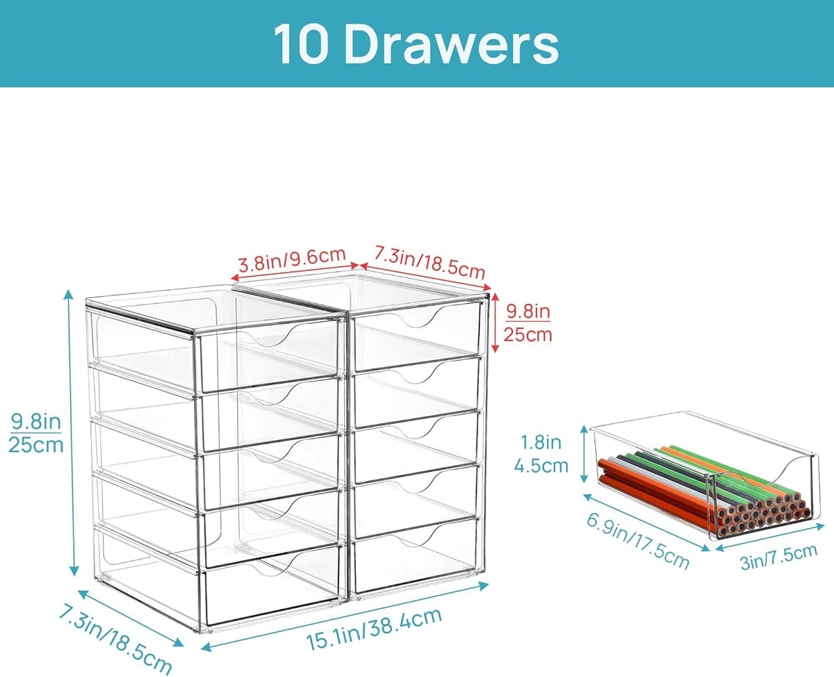 Vtopmart Acrylic Organizer with 10 Drawers, Desk Organizers and Accessories, Clear Makeup Organization, Dustproof Storage Drawers for Office Art Craft Supplie