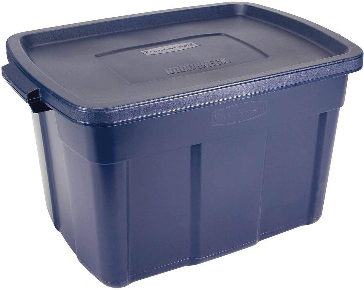 Rubbermaid Roughneck Tote 25 Gal, 4 Pack, Made in USA, Dark Indigo Metallic, Rugged Plastic Stackable Storage Bins with Lids and Handles