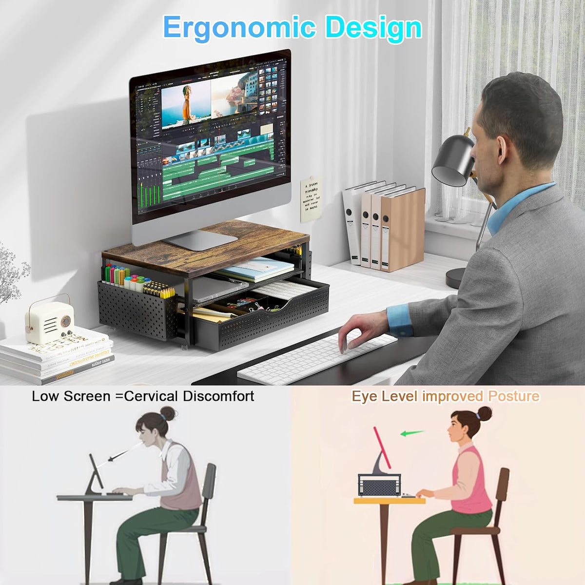 gianotter Wood Monitor Stand Riser, Office Desk Shelf Organizer, Desk Organizer with Drawer and Pen Holder, 2-Tier Computer Stand, Office Organization (Wood)