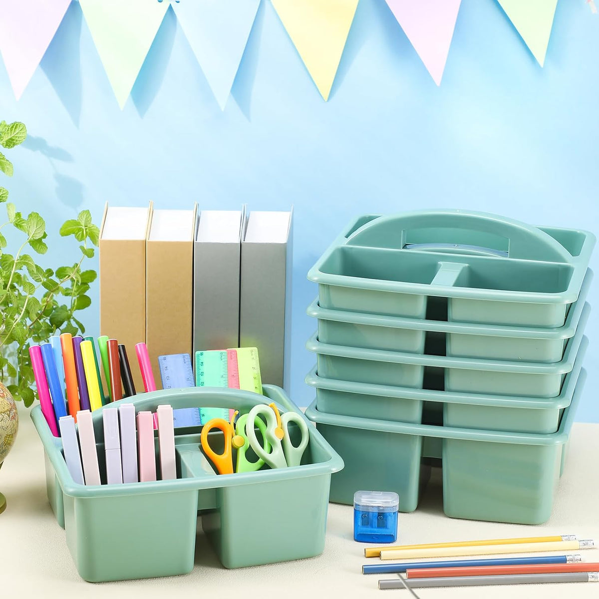 12 Pcs Classroom Caddy with 3 Compartment - Multipurpose Portable Plastic Storage Table Caddies with Handles for School Home Office Organizer(Green)
