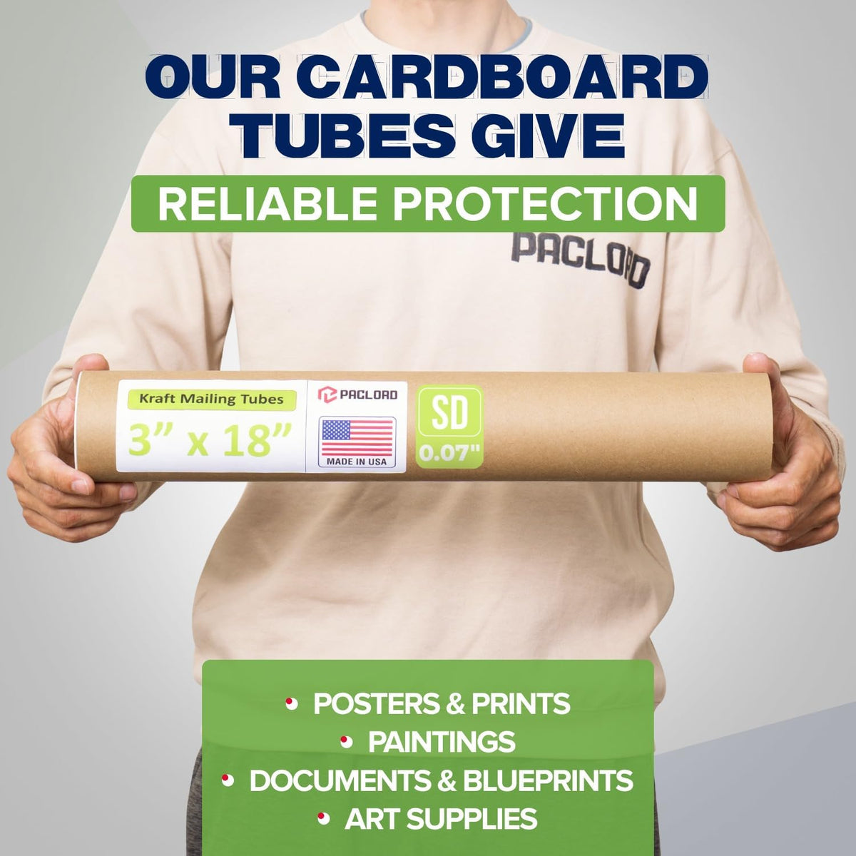 3" x 18" Reinforced Kraft Paper Mailing Tube, Pack of 2 Tubes with 4 Caps – Secure USPS Approved Poster Tube – Cardboard Tube for Shipping and Storing of Posters, Prints, Artwork, or Documents
