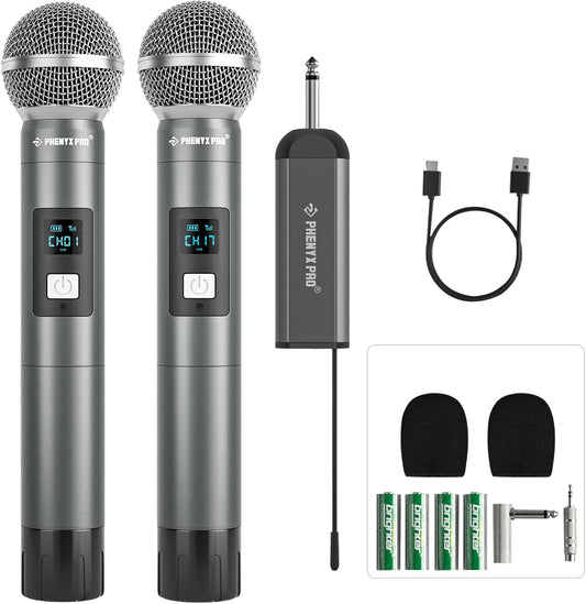 Phenyx Pro Dual Digital Wireless Microphone System, w/2 Handheld Dynamic Microphones,15 UHF Frequency Groups, Mini Receiver, Metal Cordless Mic for Karaoke,Church,DJ,Singing (PDP-2-2H)