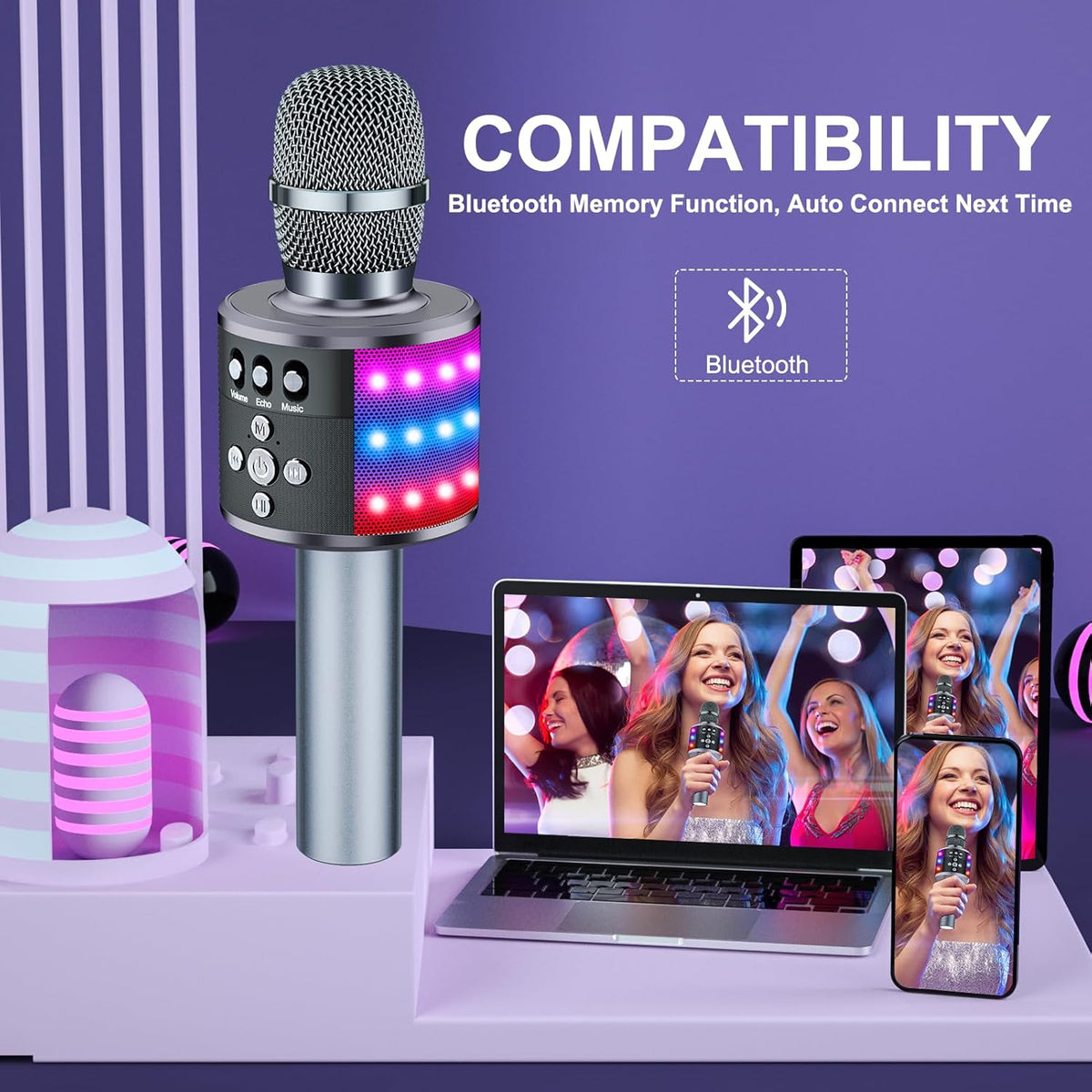 BONAOK Karaoke Microphone for Kids & Adults - Bluetooth Microphones Singing Mic with Disco Lights, Echo Effect, Built-in Speaker Portable Karaoke Player for Party Travel Gifts Q78(Space Gary)