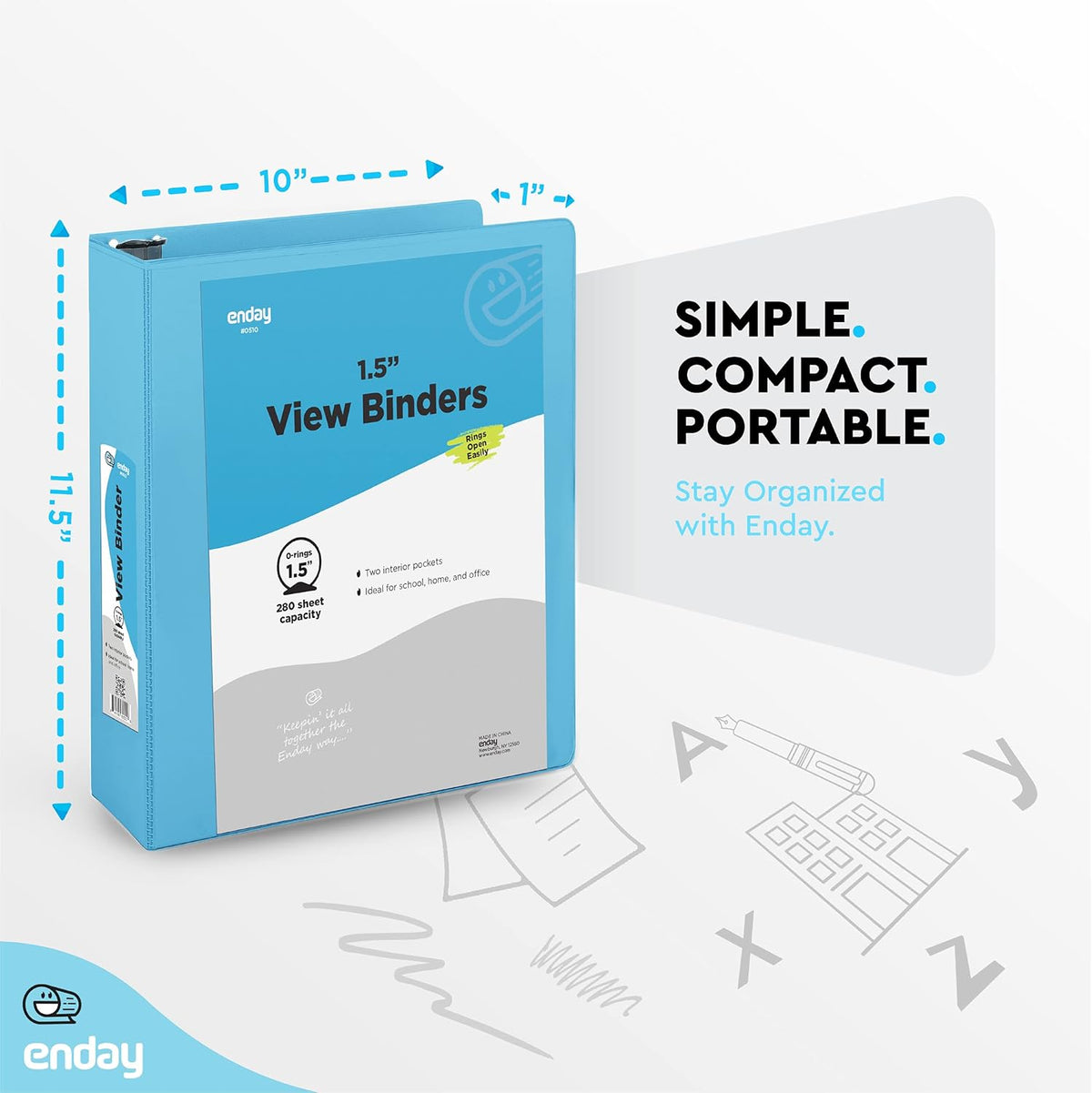 3 Ring Binder Blue, 1.5 Inch Clear View Cover with 2 Inside Pockets Binder, Colored School Supplies 1 ½ Inch Round Ring Binders, Also Available in Red, Pink, Purple, Green, and Grey (6 PC) – by Enday
