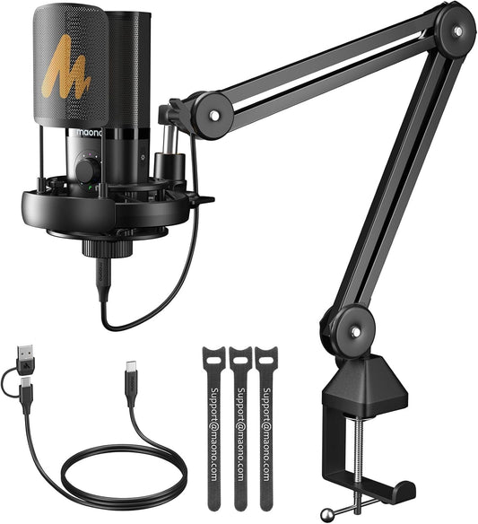 MAONO USB Condenser Microphone-Studio Mic with Shock Mount, Boom Arm, Software, Mute, Gain Knob, Volume Control for Streaming, Recording, Singing, Podcasting, Content Creation, Audiobooks-PM450