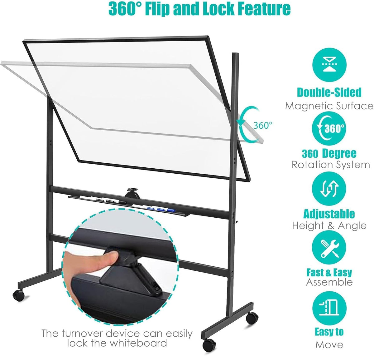 BIBOC 32x48 Inches Large Mobile Dry Erase Whiteboard with Rolling Stand - Double Sided Height Adjustable Whiteboard for Office, School- Aluminum Frame & Durable Writing Surface (48×32 inches)