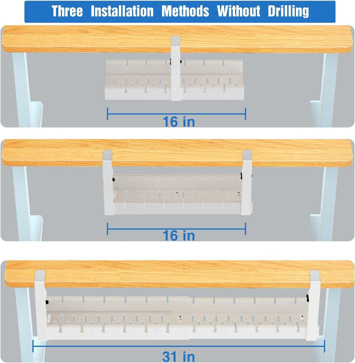No Drilling Under Desk Cable Management, Metal Cable Management Tray Under Desk with Clamp, Retractable Power Strip Cord Holder for Wire Management 31Inch (2 Pack White)