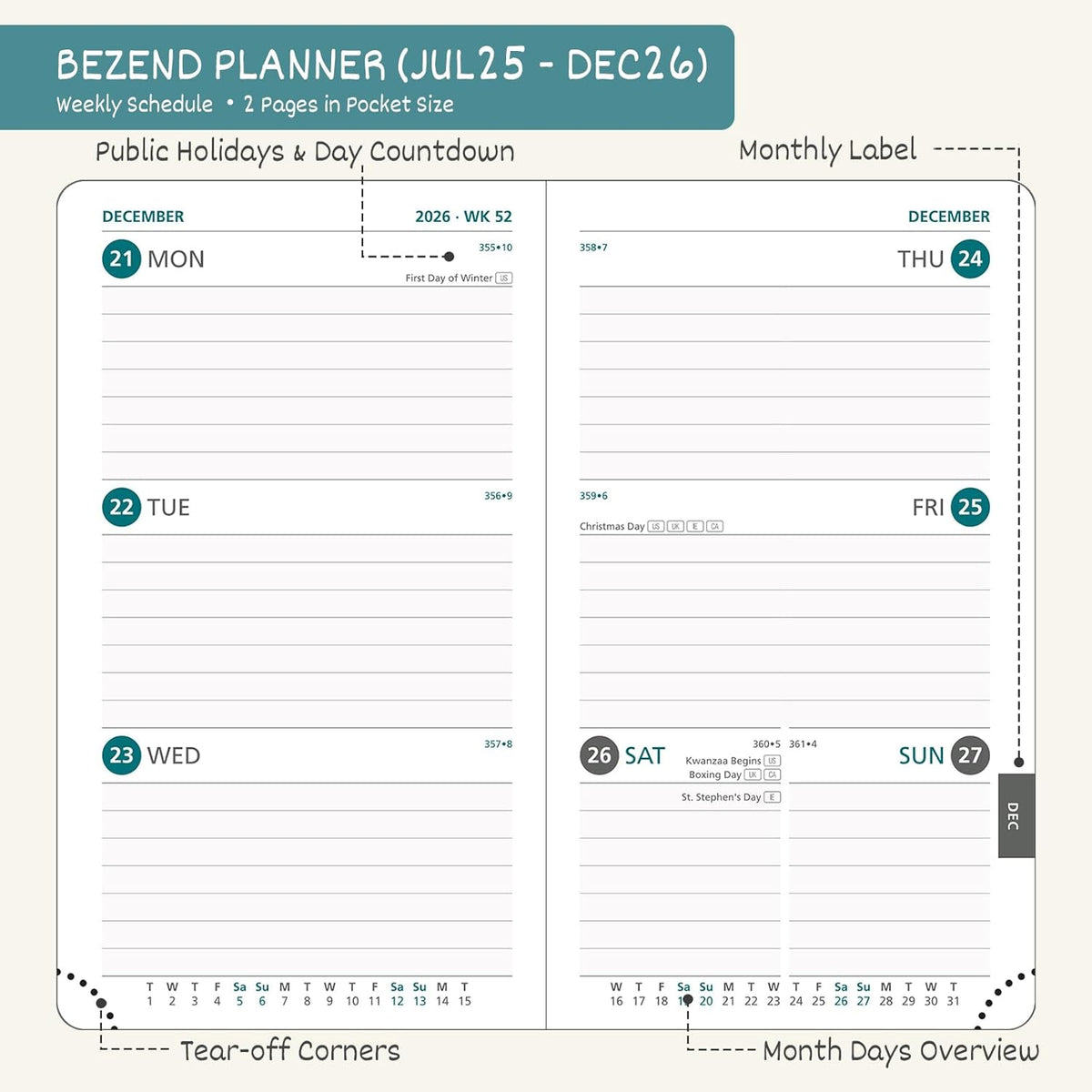 BEZEND Pocket Planner 2025-2026 Weekly and Monthly, 3.5" x 6" Academic Planner (Jul 25-Dec 26) 18-Month Mid-Year Calendar Book, Storage Pocket, Pen Holder, PU Leather Hardcover - Red