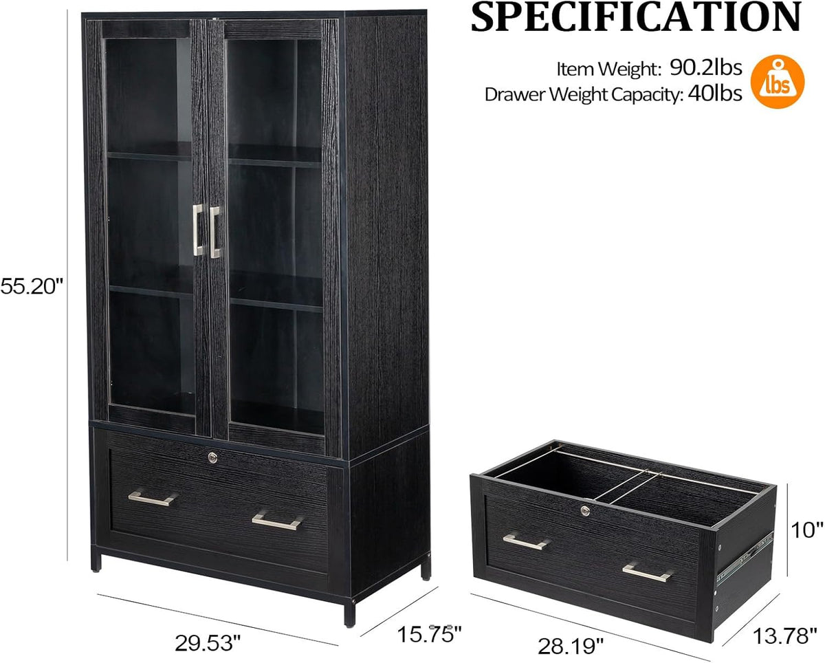 VINGLI Lateral File Cabinet with Glass Doors and Locking Drawer for Hanging File Folders, Bookshelf with Adjustable Shelves for Home Office (Black, 30''W x 16''D x 55''H)