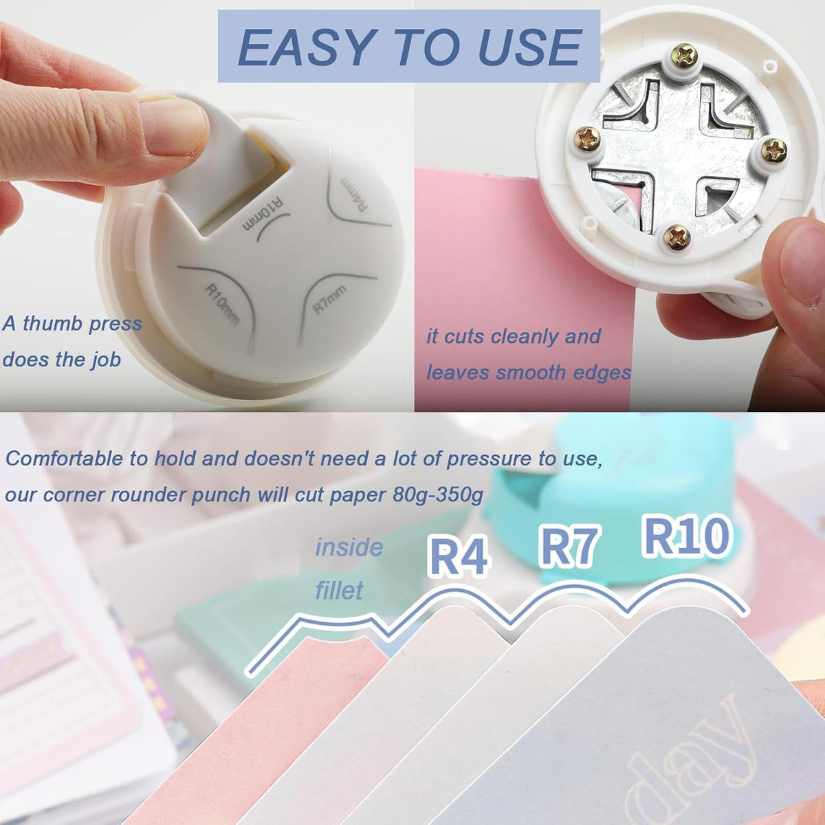 2 Pieces Corner Punch 4 in 1 Corner Rounder Punch Paper Corner Rounder for Making Scrapbooking （R4+R7+R10+Inside Corner） (White and Purple)