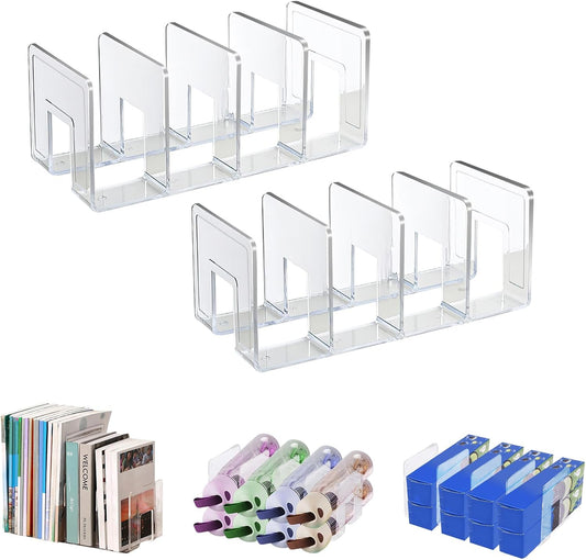 Marte Vanci Clear Acrylic File Sorter, Sturdy Desk File Organizer Shelf Book Holder Purse Handbag Clutch Divider File Folder Rack for Letter Cookbooks Home Office Kitchen Supplies 4 Sections (2 Pcs)