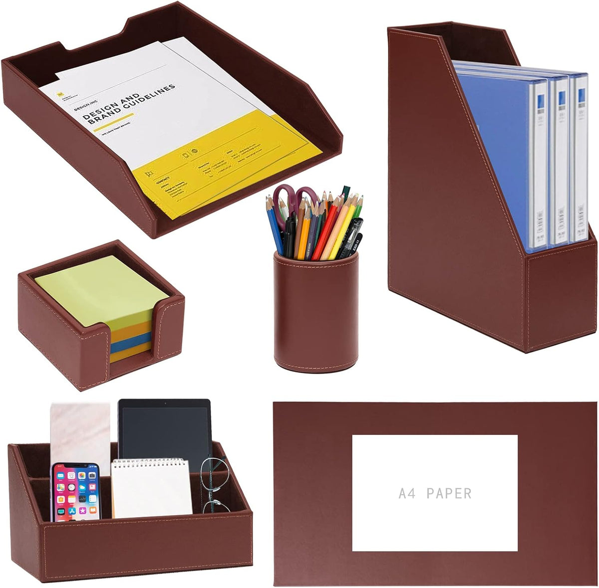 6 Piece Office Supplies/Desk Organizer Set with Desktop Leather Writing Pad,File Paper Tray,Magazine folder Holder, Pen Cup,Sticky Note Holder,Letter Mail Sorter,Workspace Decor for Women Men Brown