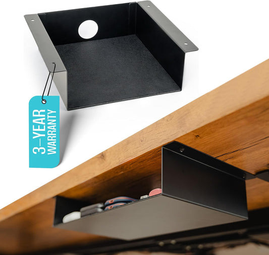 Under Desk Storage Shelf - Carbon Steel Under Desk Tray with Cable Management, Mountable Add-On Shelf for Table & Office Desks (7.5" x 8" x 2.8")