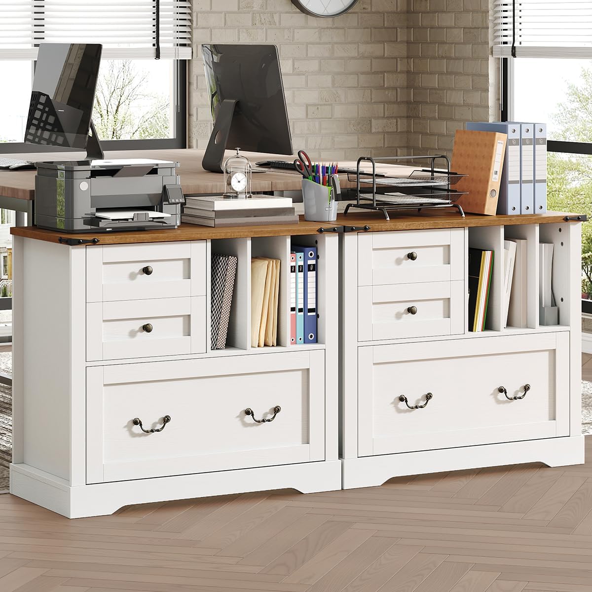 Farmhouse File Cabinet for Home Office, Lateral Filing Cabinet with 3 Drawers & Folder Organizer, Office Storage Cabinet for A4 Letter Files, Printer Stand with Storage Cabinet, White & Walnut