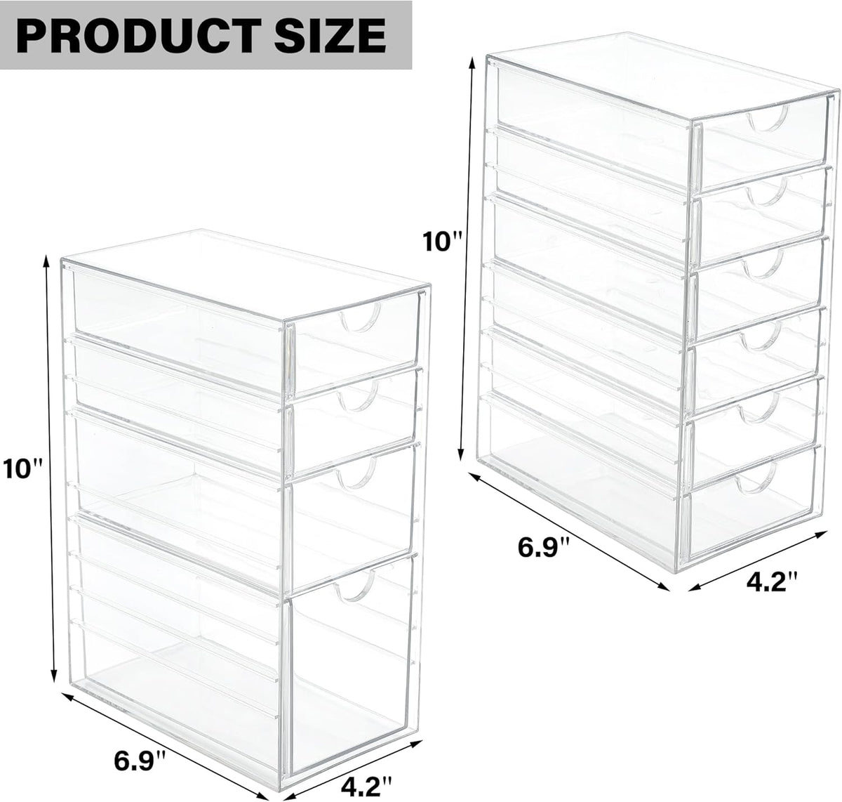 Prsildan Acrylic Drawer Makeup Organizer with 10 Drawers, Set of 2 Office Desk Organizers Accessories, Clear Stackable Storage Drawers for Vanity, Countertop, Craft, Jewelry, Art Supply Organization