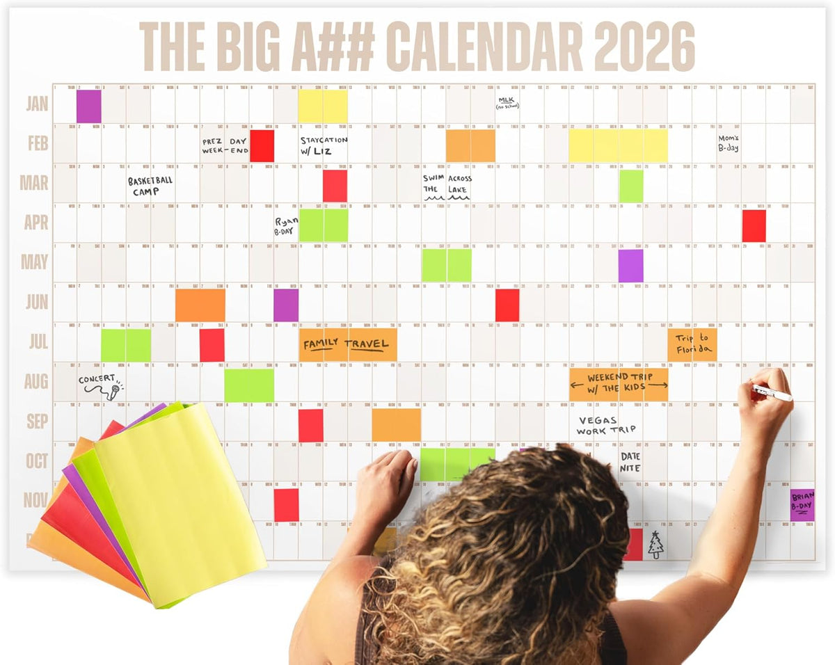 The Big A## Calendar Yearly Wall Planner – January to December Dry-Erase – Includes 1 Marker & 100 Labels – Lightweight, Easy to Hang Yearly Planner – Plan Goals & Adventures – Neutral, 4’x3’