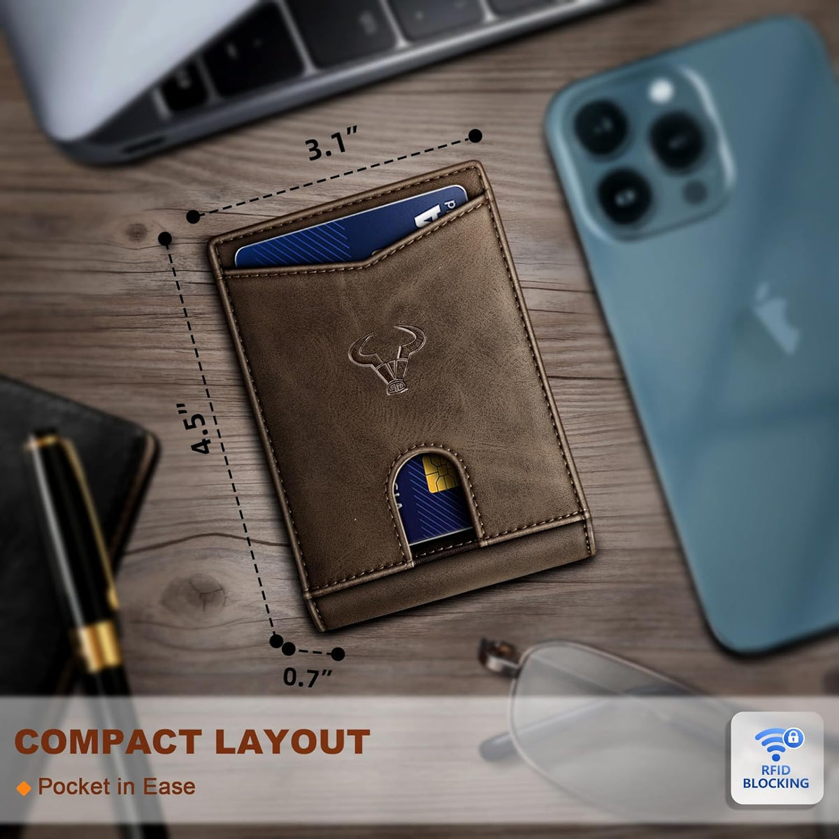 BULLIANT Men Wallet, Slim Leather Wallet Front Pocket Card Holder Gift For Men 11 Slots RFID Blocking