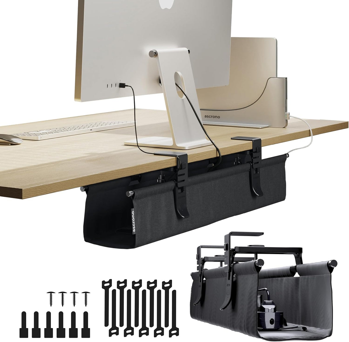 Original No Drill Under Desk Cable Management Tray 27.3" - Premium Black Fabric Cable Management Under Desk - Clamp/Screw Mount Cord Organizer - Supports Upto 66lbs
