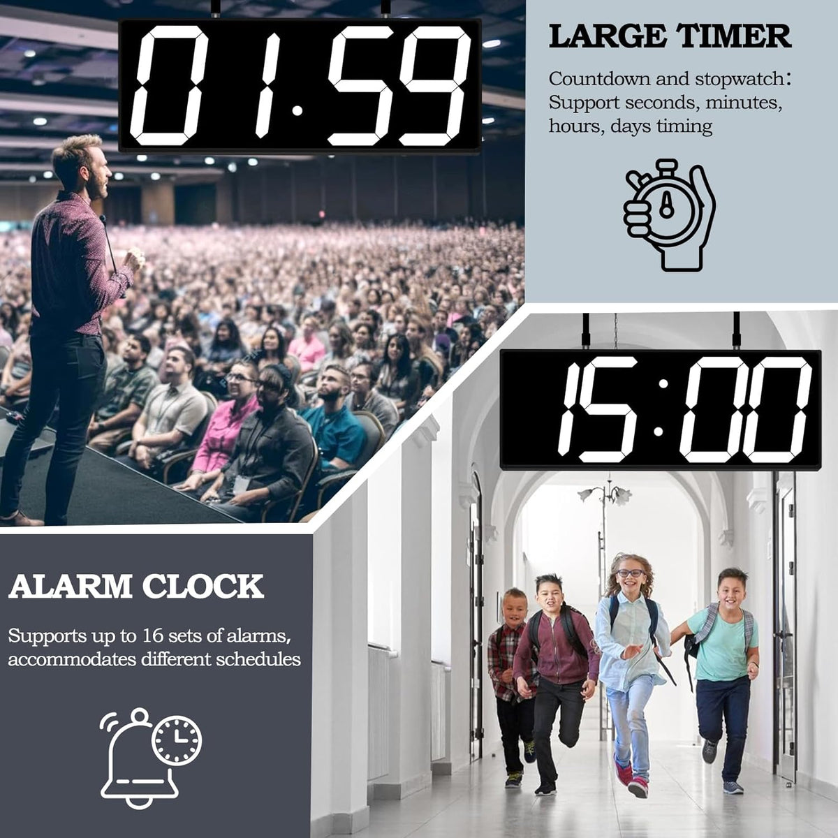 19.5'' Large Digital Wall Clock with Double Sided Display,Multi-Functional LED Hanging Digital Clock with Adjustable Brightness,Suitable for Offices, Warehouses, Corridors (White)