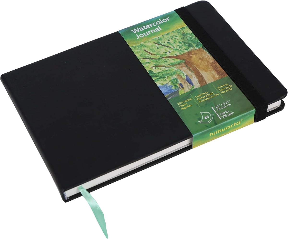 tumuarta Watercolor Journal,140 LB, 300 GSM, 8.25x5.5, Cotton Paper, Cold Press, 24 Sheets, 48 Pages, Watercolor Paper Sketchbooks for Use As Travel Notebook and Mixed Media Pad