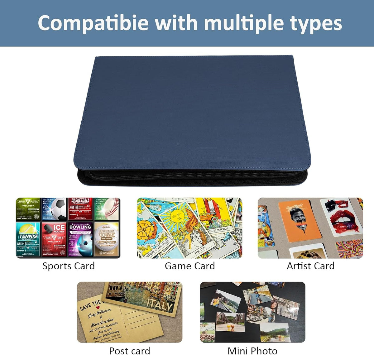 Trading Card Binder 9 Pocket with Zipper, Fvxldcz PU Cover Card Collection Binder 540 Cards Sleek Side-Loading Card Album, Sturdy Card Collection Folder for TCG, MTG, Yugioh, Sport Cards (Navy Blue)