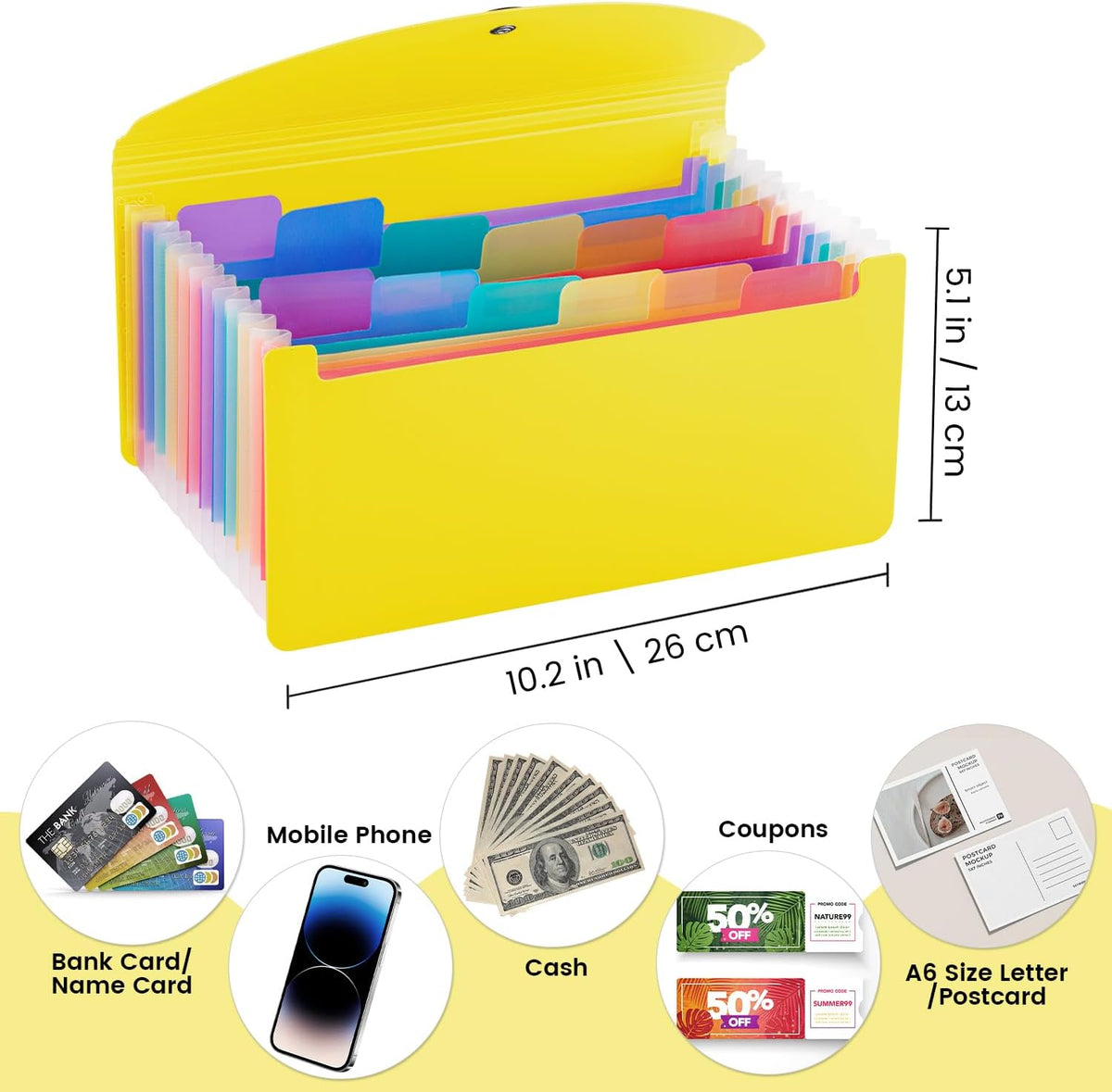 13 Pocket A6 Receipt Organizer, 2 Pack Small Accordion File Organizer, Coupon Organizer with Labels - Yellow