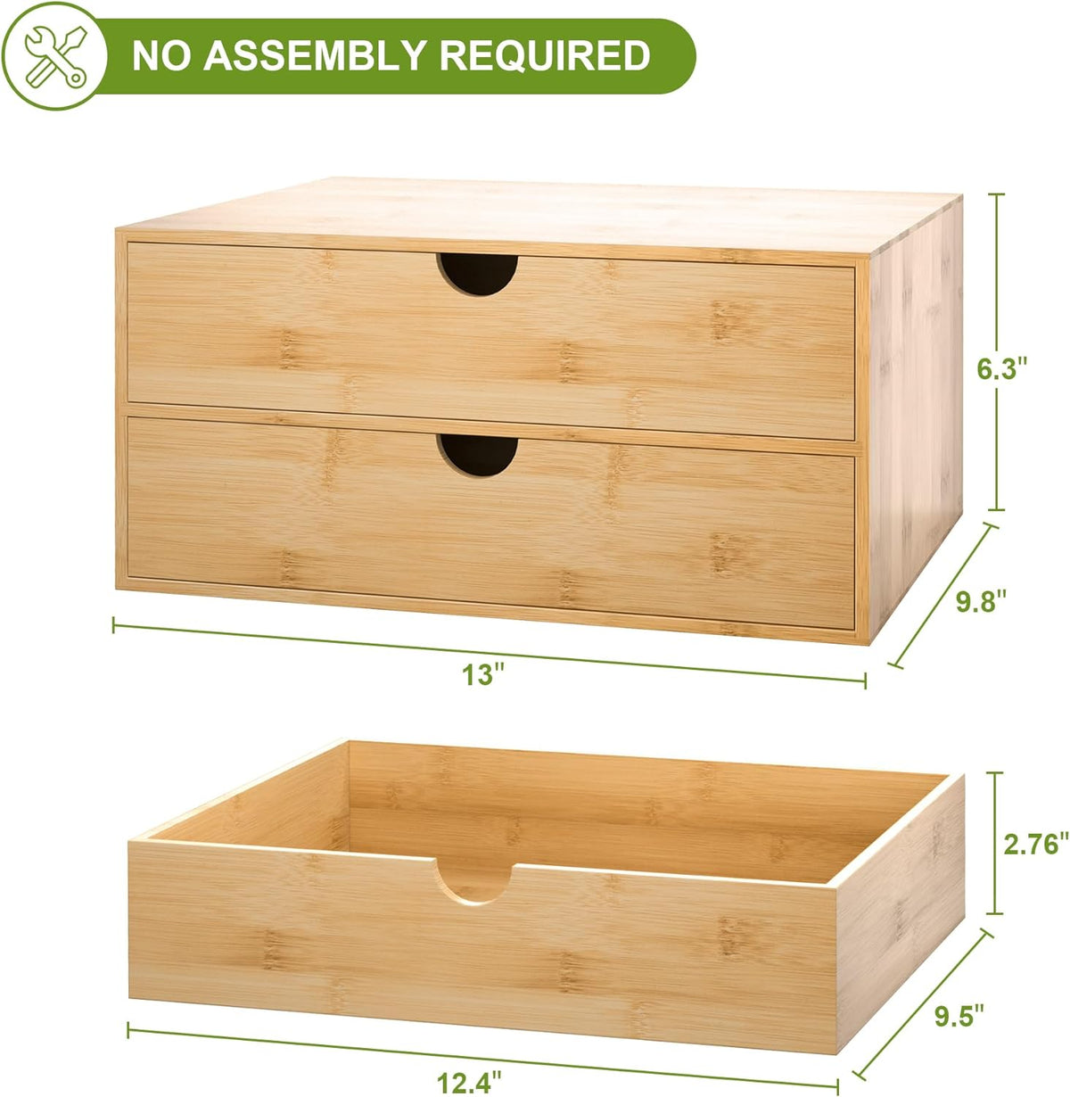 Bamboo Desk Drawer Organizer, Large Desktop Organizer with Drawers Tabletop Storage Organization Box for Office Home Toiletries Supplies Vanity, No Assembly Required (2 Drawer)